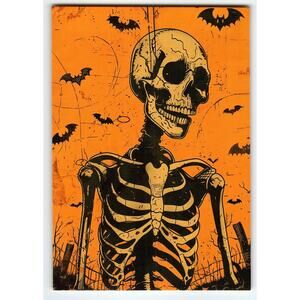 Vintage Halloween Skeleton & Bats Orange Photochrome Postcard